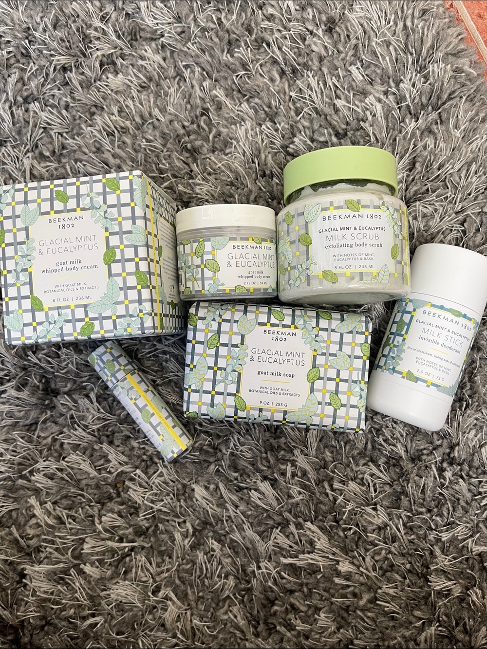 New Beekman lot glacial mint & eucalyptus cream, lip balm, stick, soap & scrub